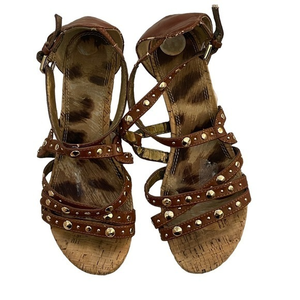 6 Guess Cork Wedge Strappy Heeled Sandals - Tan Camel Brown Leather w Gold Studs